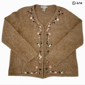 Dressbarn Silk Angora Zip Up Light Brown Floral Embroidered Cardigan Size Large